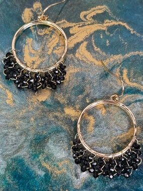 Black Beaded Hoop Earrings | Gold Dangle Minimal Boho